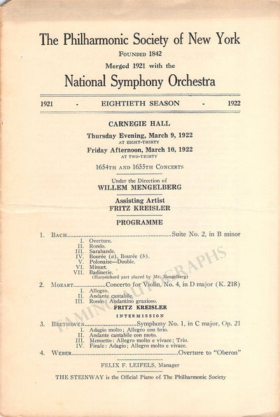 Kreisler, Fritz - Mengelberg, Willem - Carnegie Hall 1922