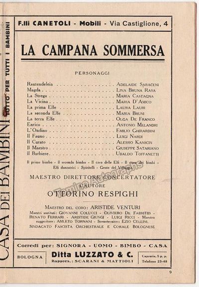 Respighi, Ottorino - Program Conducting La Campana Sommersa - Bologna 1929