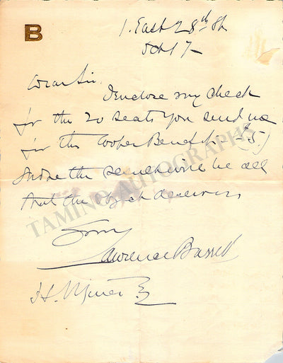 Barrett, Lawrence - Autograph Note Signed