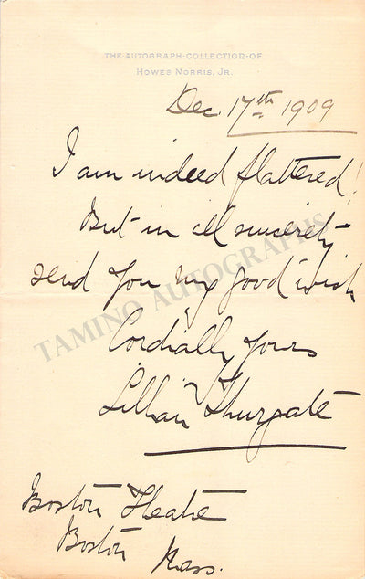 Thurgate, Lillian - Autograph Note Signed 1909