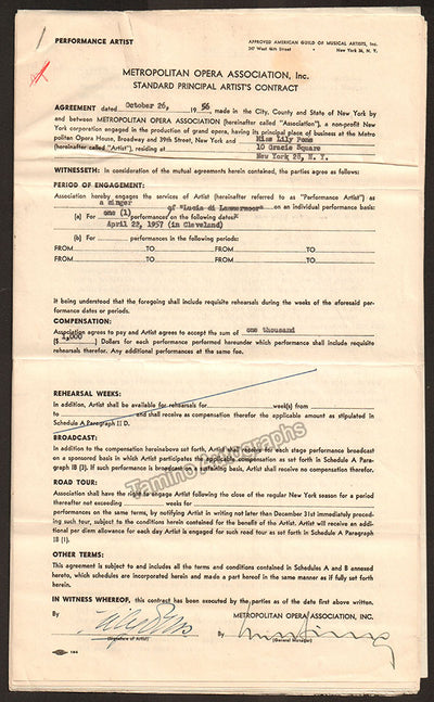 Pons, Lily - Signed Metropolitan Opera Contract also signed by Rudolf Bing
