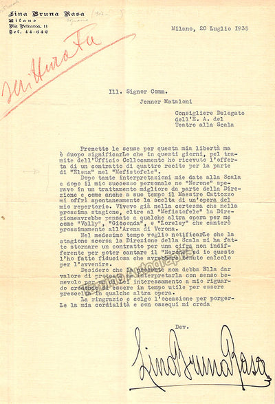 Bruna Rasa, Lina - Typed Letter Signed 1935