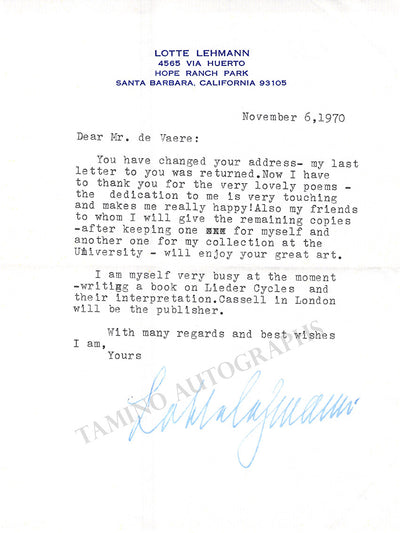 Lehmann, Lotte - Typed Letter Signed