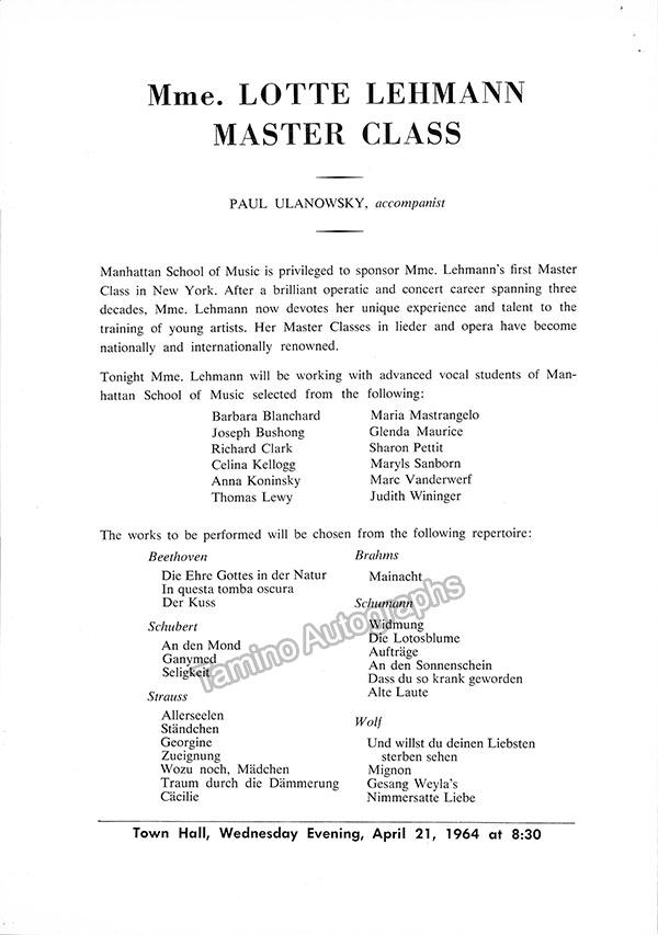 Lehmann, Lotte - Unsigned Master Class Program 1964 – Tamino