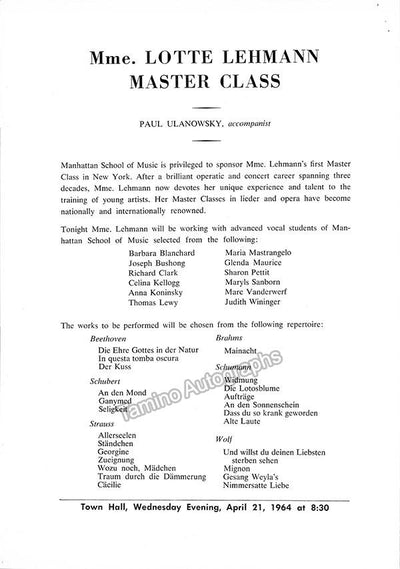 Lehmann, Lotte - Unsigned Master Class Program 1964