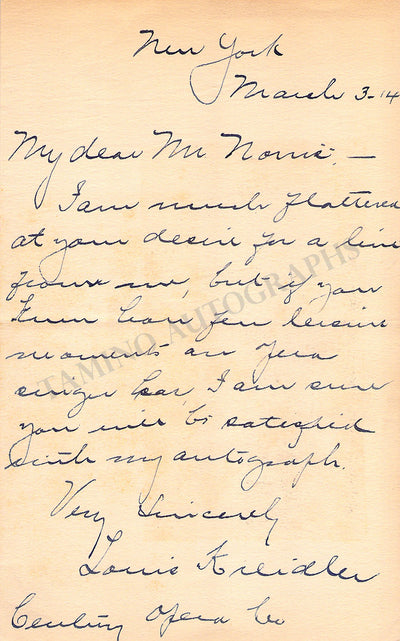 Kreidler, Louis - Autograph Note Signed 1914