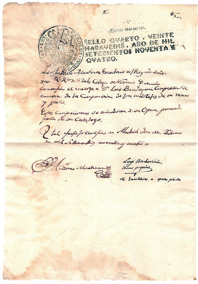 Boccherini, Luigi - Signed Contract 1794