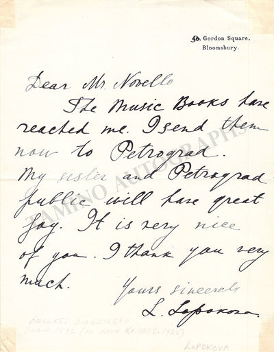 Lopokova, Lydia - Autograph Note Signed