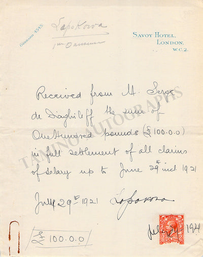 Lopokova, Lydia - 2 Signed Receipts