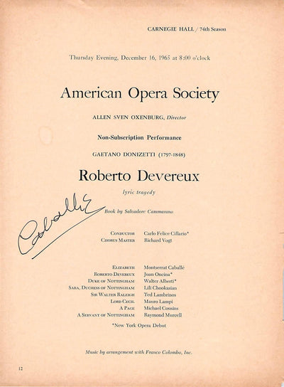 Caballe, Montserrat - Signed Cast Page Concert Roberto Deveraux 1965