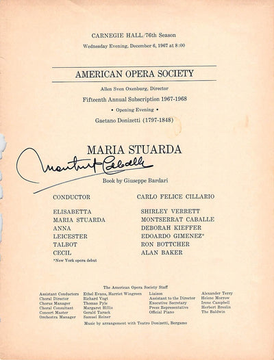 Caballe, Montserrat - Signed Cast Page Concert Maria Stuarda 1967