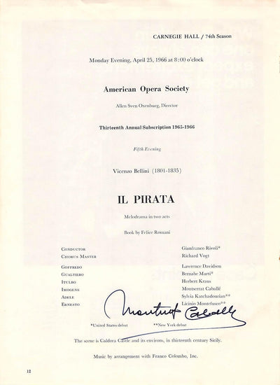 Caballe, Montserrat - Signed Cast Page Concert Il Pirata 1966