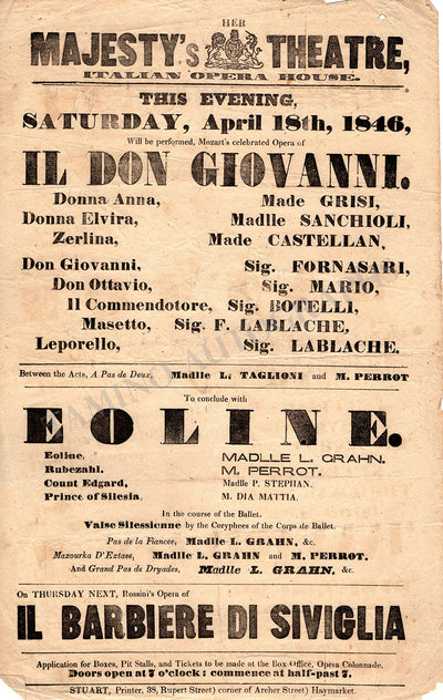 Don Giovanni - Playbill 1846 Her Majesty's Theater