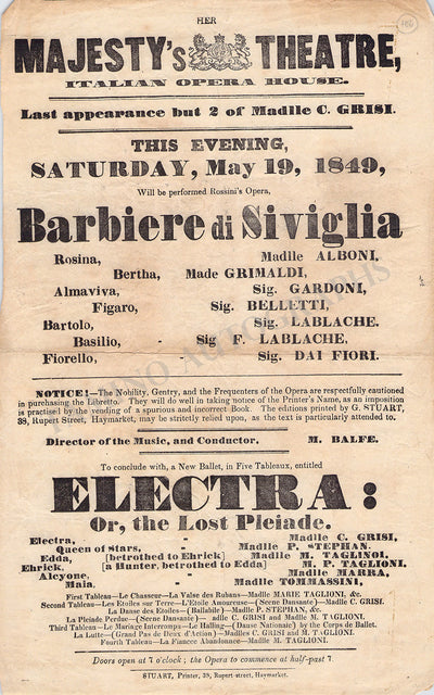 Grisi, Carlotta - Alboni, Marietta - Playbill 1849 Barbiere di Siviglia