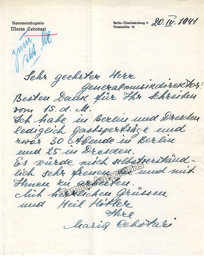 Cebotari, Maria - Autograph Letter Signed 1941