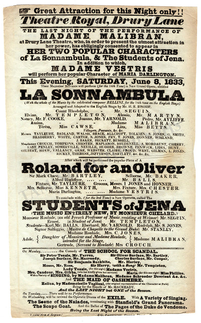 Malibran, Maria - Playbill "La Sonnambula" London 1833