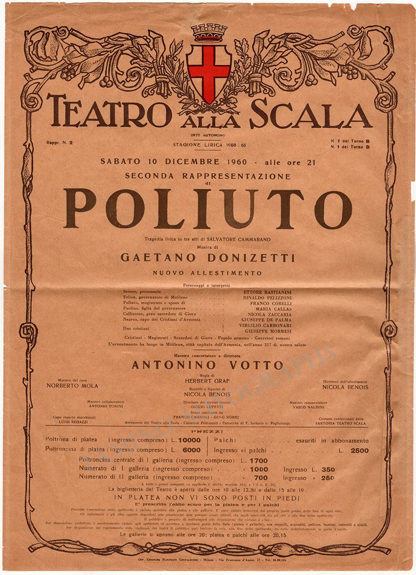 Callas, Maria - Poliuto Playbill at Teatro La Scala 1960