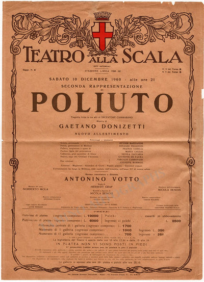 Callas, Maria - Poliuto Playbill at Teatro La Scala 1960