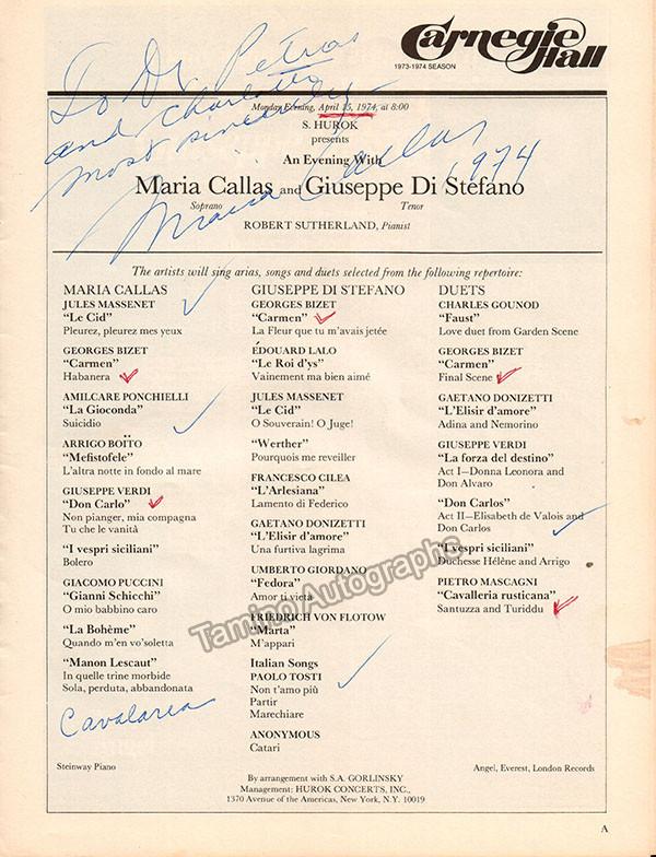 Callas, Maria - Signed Program Carnegie Hall 1974