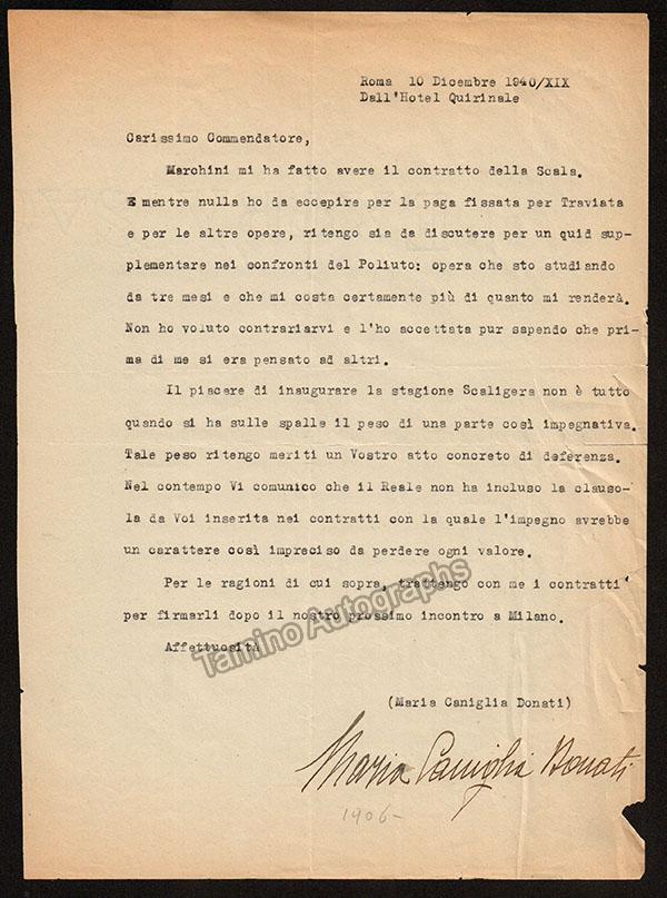 Caniglia, Maria - Typed Letter Signed 1940 - Tamino