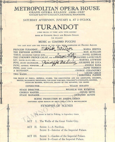 Jeritza, Maria - Lauri-Volpi, Giacomo - De Luca, Giuseppe - Signed Program Clip Metropolitan Opera, New York 1927