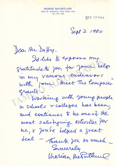 McPartland, Marian - Autograph Letter Signed 1980