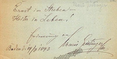 Geistinger, Marie - Autograph Note Signed 1893