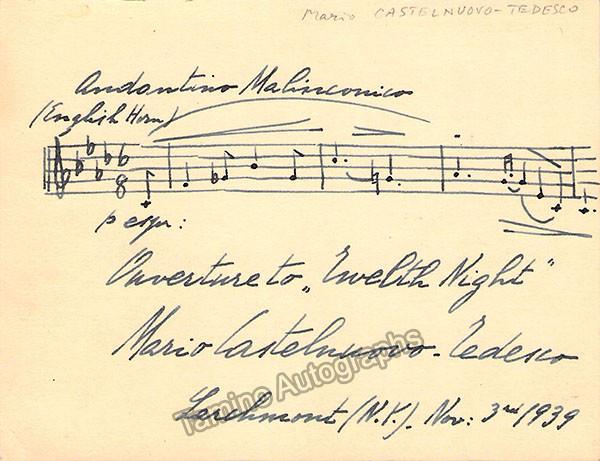 Castelnuovo-Tedesco, Mario - Autograph Music Quote Signed in 1939