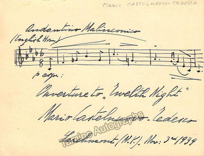 Castelnuovo-Tedesco, Mario - Autograph Music Quote Signed in 1939