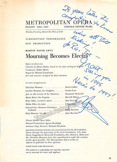 Levy, Marvin David - Mourning Becomes Elektra Signed Program
