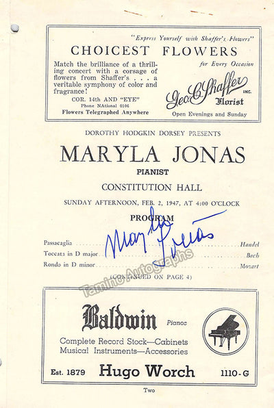 Jonas, Maryla - Signed Program Washington 1947