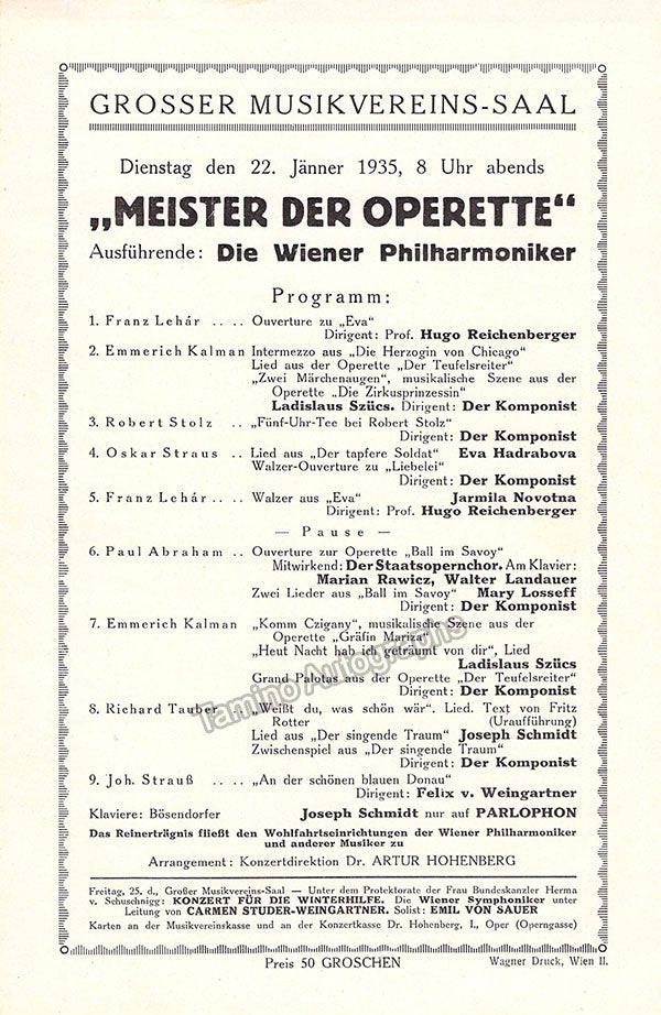 "Masters of Operetta Program" - including Joseph Schmidt singing music of Richard Tauber 1935