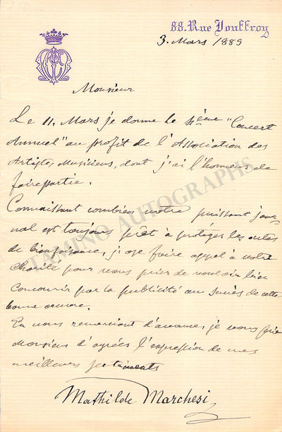 Marchesi, Mathilde - Autograph Letter Signed 1885