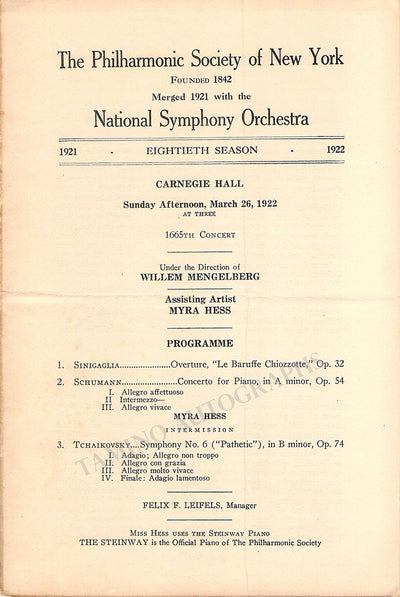 Hess, Myra - Concert Program New York 1922