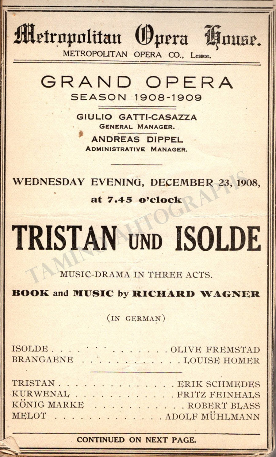 Metropolitan Opera - Program Clip Collection Book 1908-1909 – Tamino