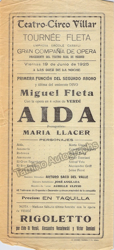Fleta, Miguel - Playbill Teatro-Circo Villar - Madrid 1925