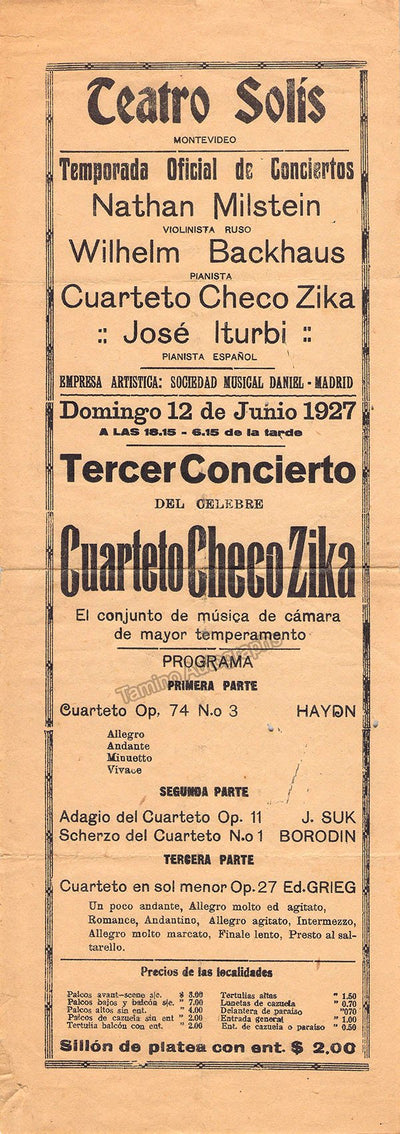 Zika Czech Quartet - Playbill 1927