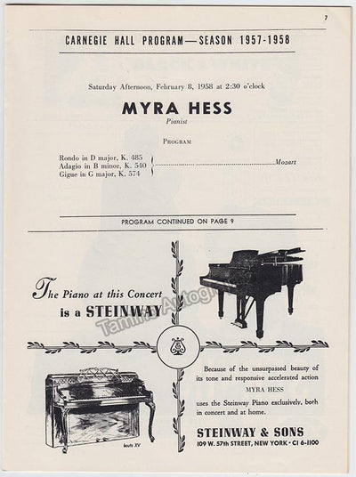 Hess, Myra - Program Carnegie Hall 1958