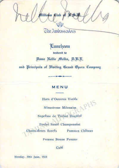 Melba, Nellie - Signed Menu