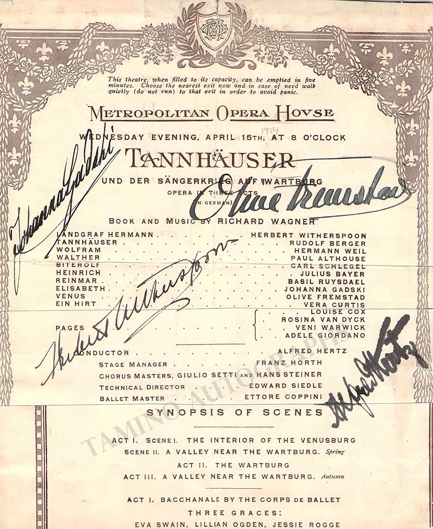 Fremstad, Olive - Witherspoon, Herbert - Gadski, Johanna - Hertz, Alfred - Signed Program Clip Metropolitan Opera New York 1914 - Tamino