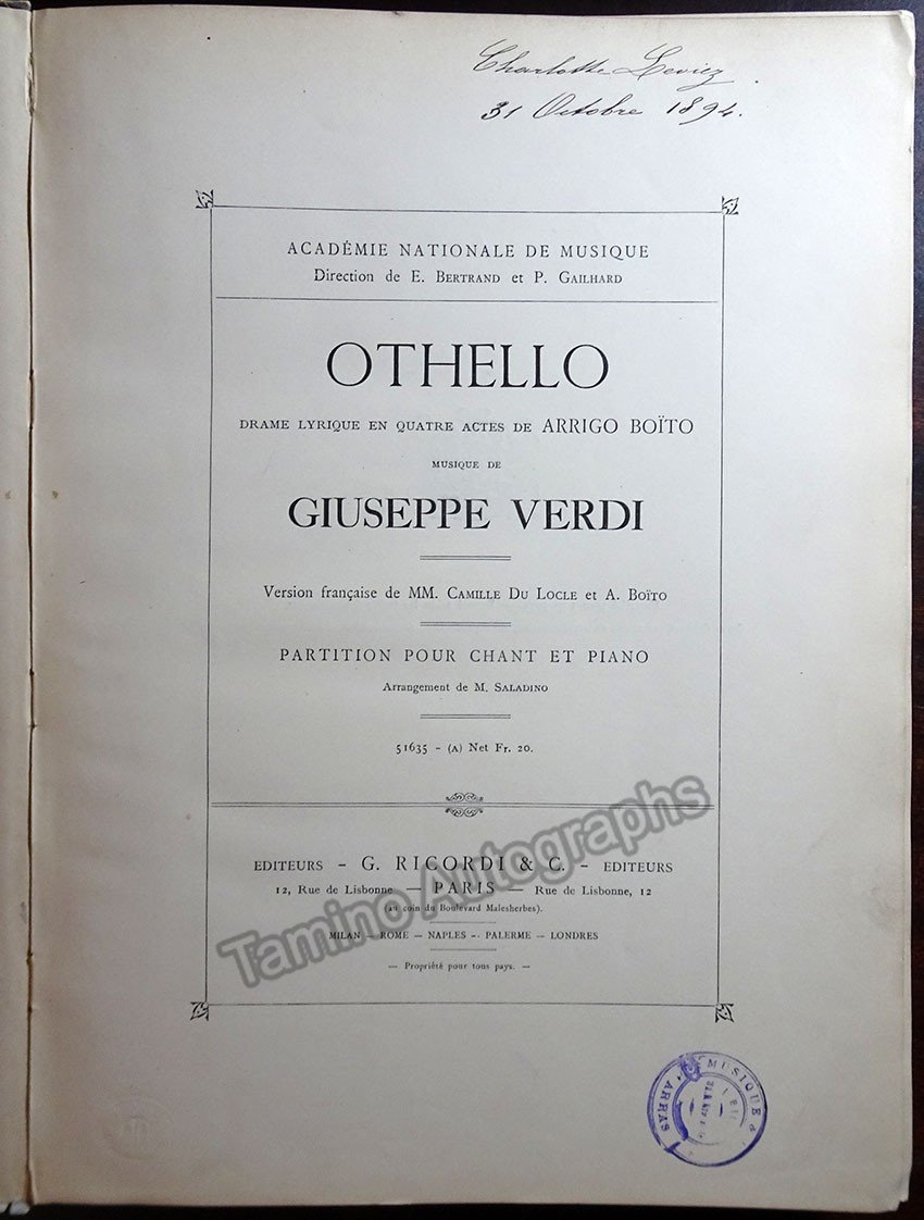 Verdi, Giuseppe - Othello - Drame Lyrique en Quatre Actes par Arrigo Boito 1894 - Tamino