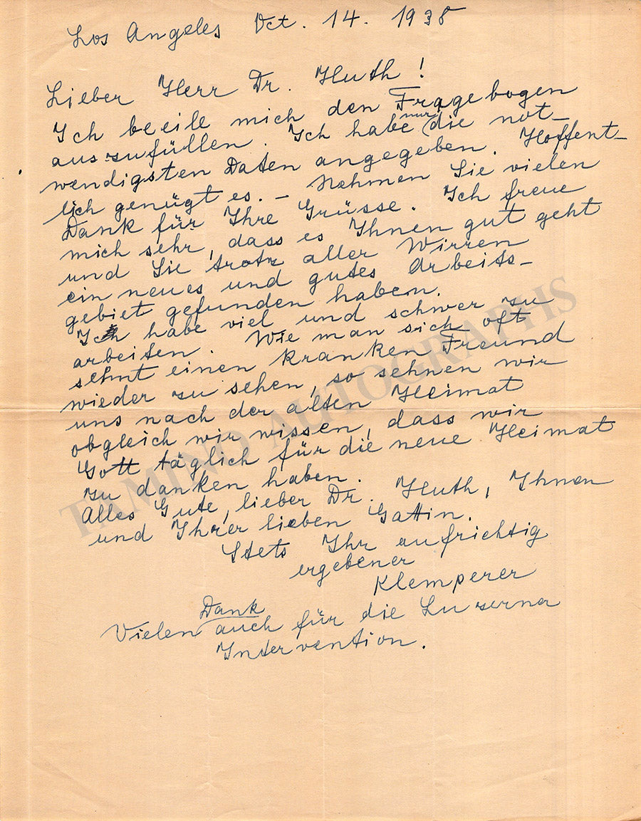 Klemperer, Otto - Autograph Letter Signed 1938