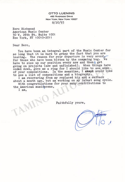 Luening, Otto - Set of 2 Typed Letters Signed (1984, 1993)