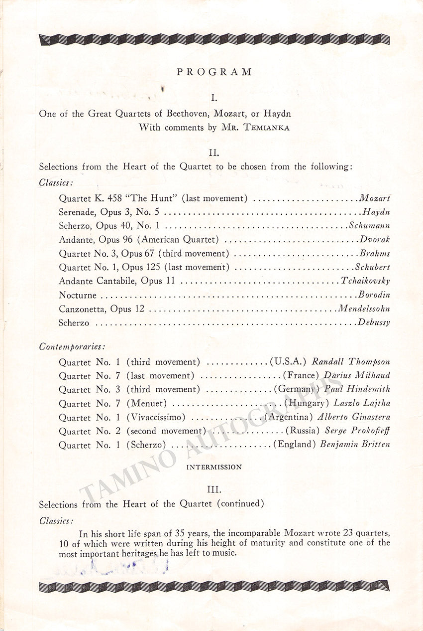 Paganini Quartet - Signed Program 1946