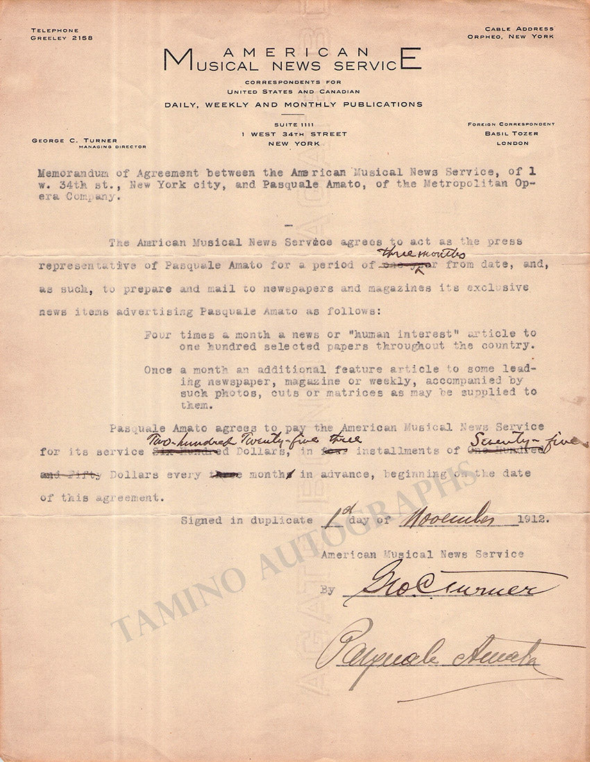Amato, Pasquale - Typed Agreement Signed 1912