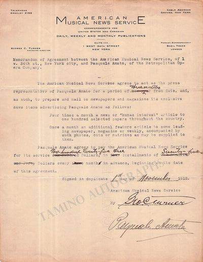 Amato, Pasquale - Typed Agreement Signed 1912