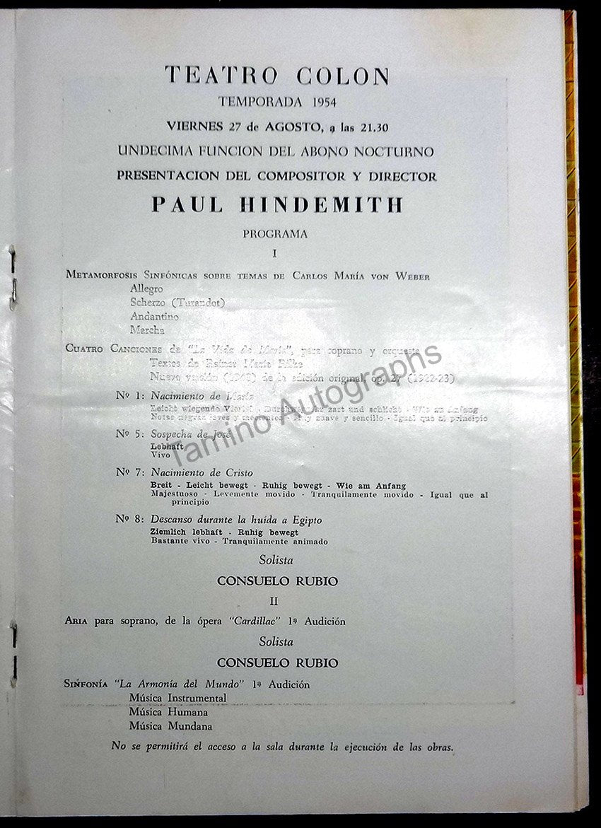 Hindemith, Paul - Concert Program Teatro Colon 1954