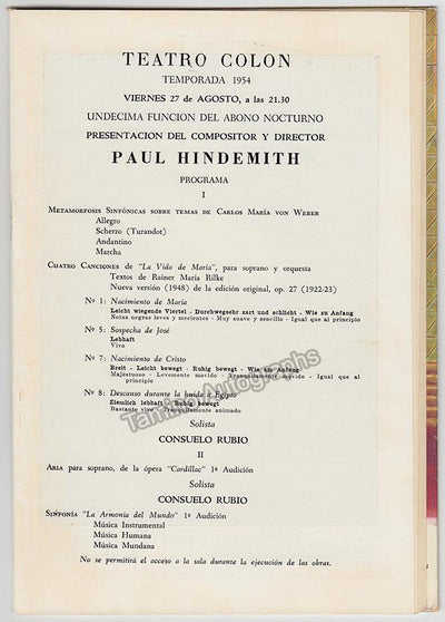 Hindemith, Paul - Teatro Colon Program 1954