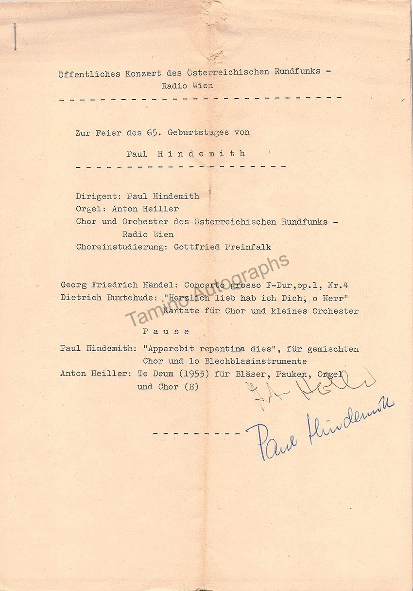 Hindemith, Paul - Heiller, Anton - Signed Program Vienna 1960