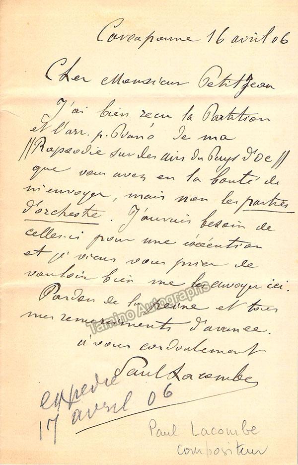 Lacombe, Paul - Autograph Letter Signed 1906